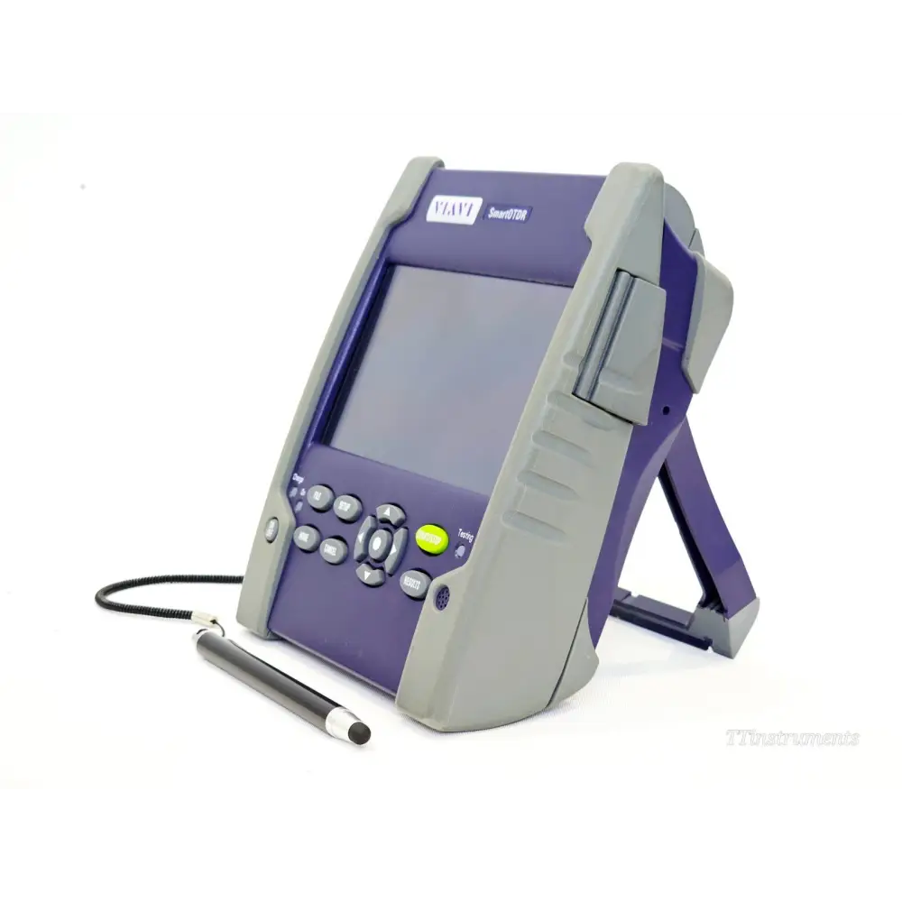 VIAVI SmartOTDR E118FA65 three-quarter front view on stand with stylus, showing VIAVI SmartOTDR label and keypad