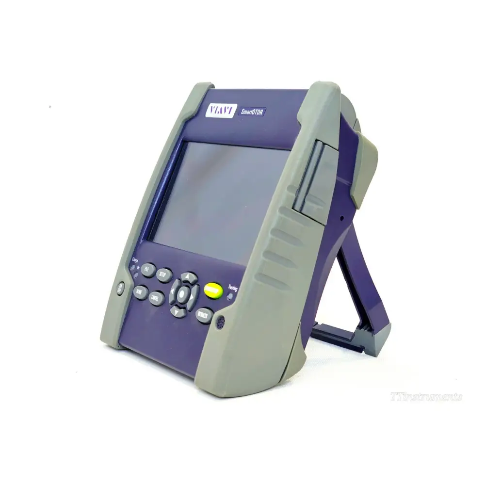 VIAVI SmartOTDR E118FA65 angled right-side view showing rubber bumpers, stand, and overall handheld form factor