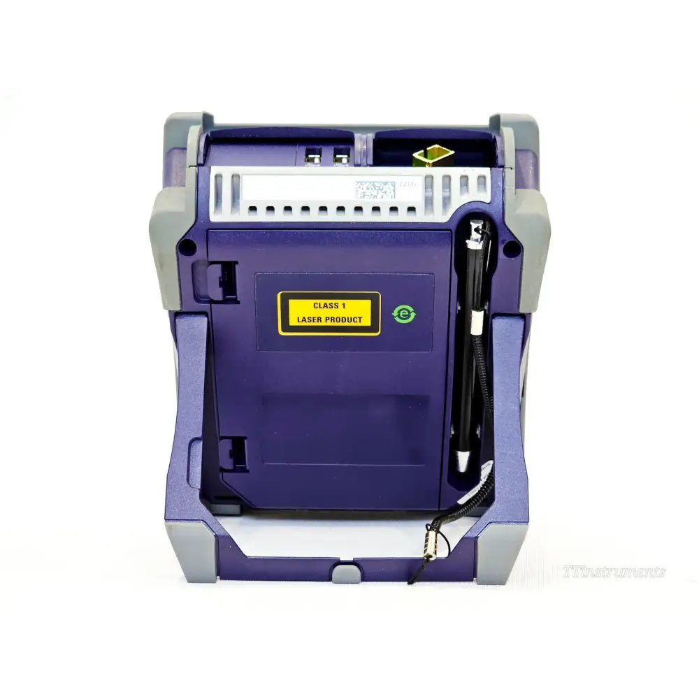 VIAVI SmartOTDR E118FA65 rear view showing Class 1 Laser Product label, stylus pen holder, and port bay cover