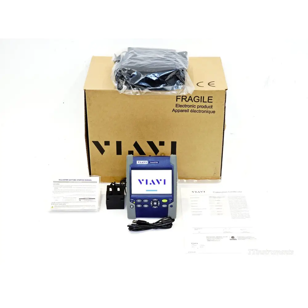 VIAVI SmartOTDR E118FA65 complete kit with original box, unit, AC adapter, USB cable, manual and calibration certificate
