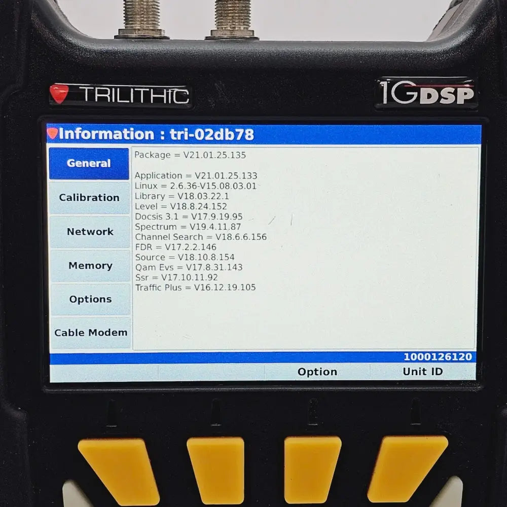 Trilithic 1G DSP screen showing channel plan scan with tilt measurement