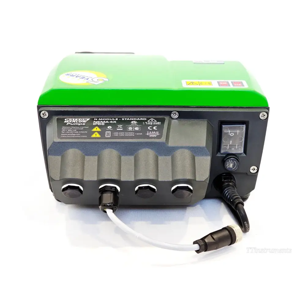 Watson Marlow 530UN bottom panel showing N Module Standard NEMA 4X IP66 label, cable glands, power switch and mains cable