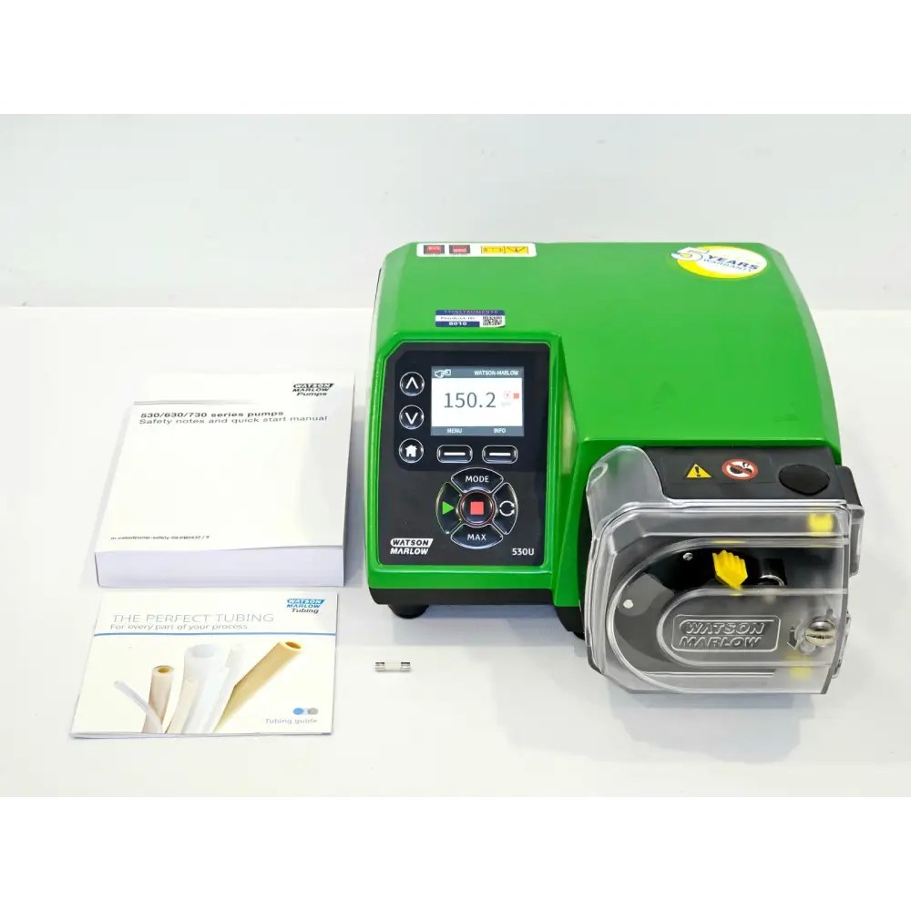 Watson Marlow 530UN IP66 peristaltic pump with 520R head, quick start manual, tubing guide and spare fuse — full kit view