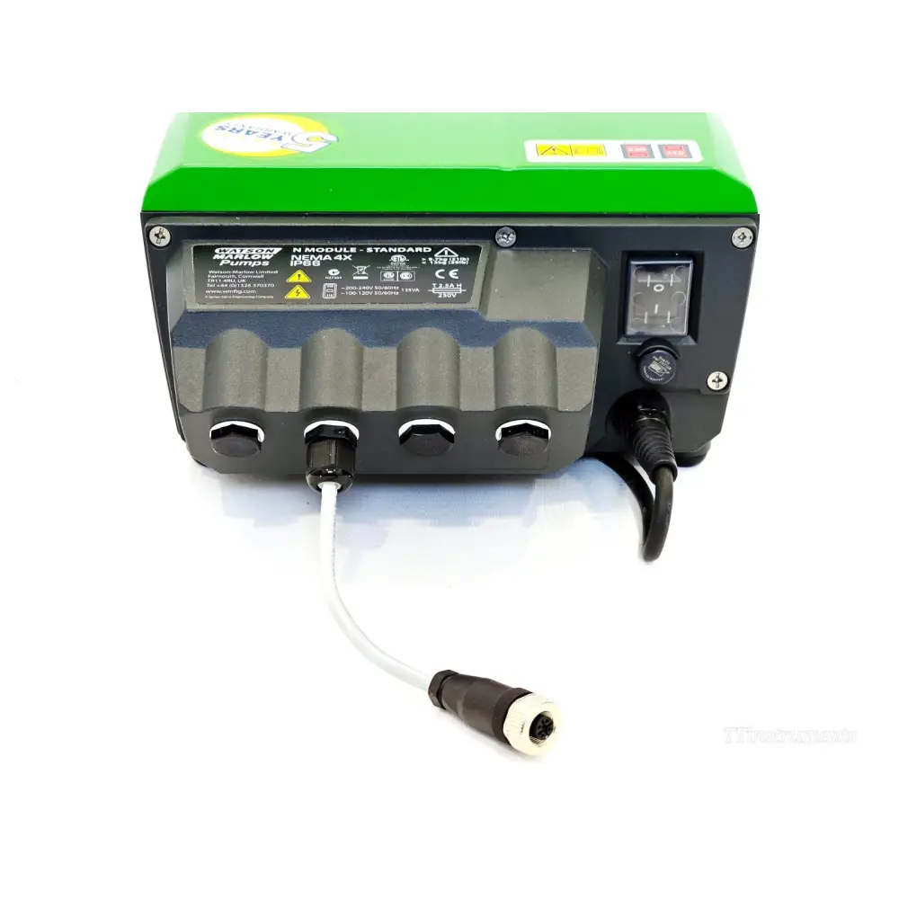 Watson Marlow 530UN IP66 pump base showing N Module Standard label, NEMA 4X IP66 rating, cable glands and M12 connector