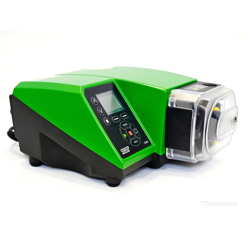 Watson Marlow 530UN peristaltic pump right-side view showing green housing, LCD display and 520R2 pumphead