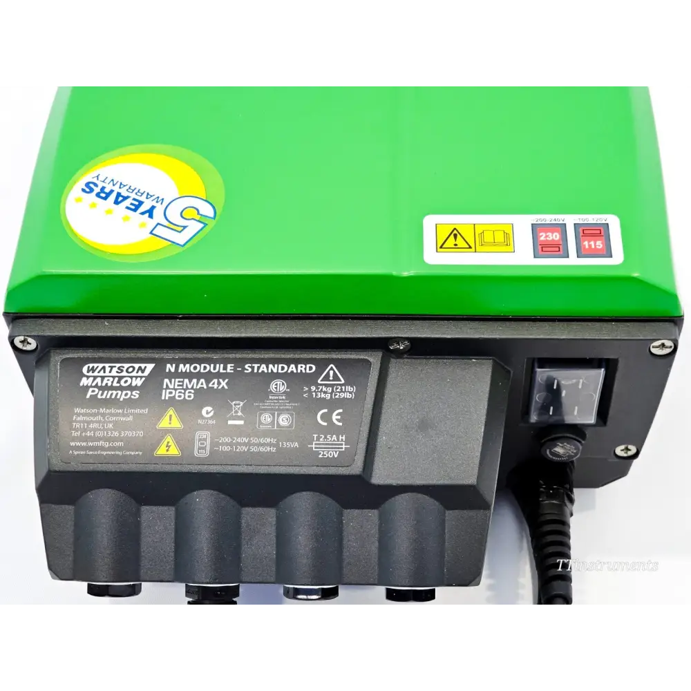 Watson Marlow 530UN pump top view showing N Module Standard label, 230/115V voltage selector, IP66 NEMA 4X rating plate