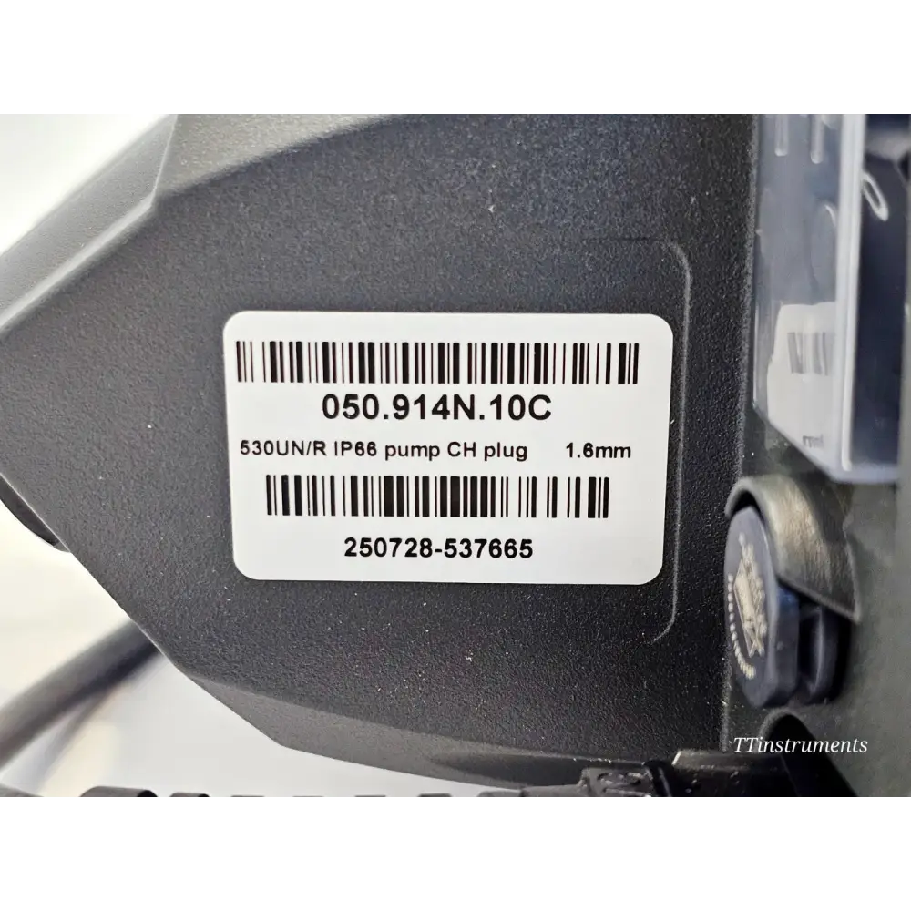 Watson Marlow 530UN part number label showing 050.914N.10C, 530UN/R IP66 CH plug 1.6mm configuration