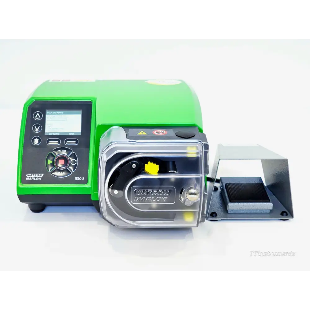 Watson Marlow 530UN IP66 peristaltic pump front-angle view with 520R2 pumphead and 520 Af foot switch