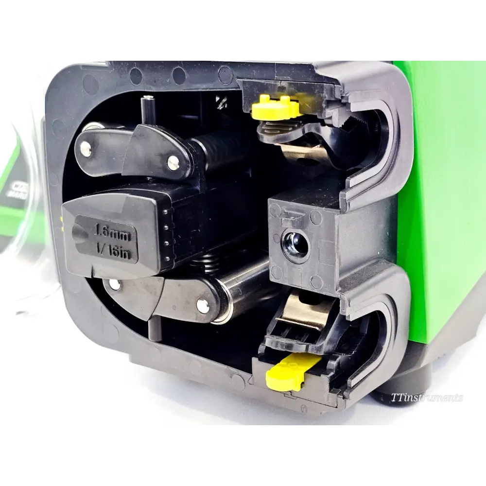 Watson Marlow 520R2 pumphead interior close-up showing 1.6mm rotor, rollers, track and yellow tube clamps
