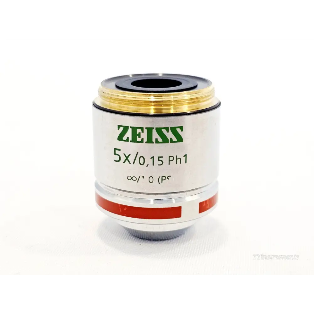 ZEISS 421231-9910 LD A-Plan 5x/0.15 Ph1 microscope objective front view showing green ZEISS branding and red band