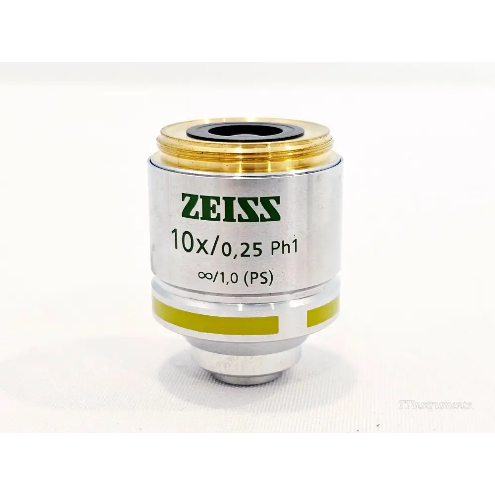 ZEISS LD A-Plan 10x/0.25 Ph1 421241-9910 microscope objective front view showing yellow band and engraved markings
