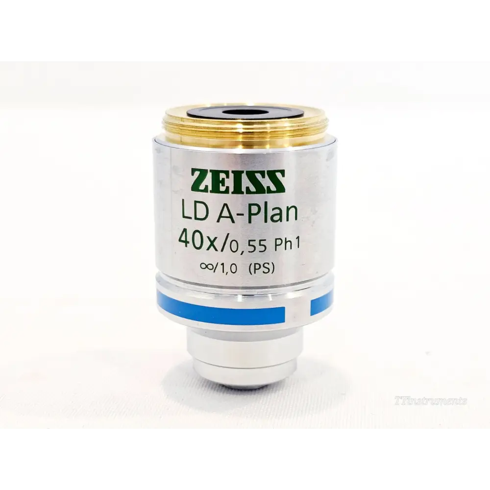 ZEISS LD A-Plan 40x/0.55 Ph1 microscope objective 421261-9916 front view showing blue band and infinity/PS markings