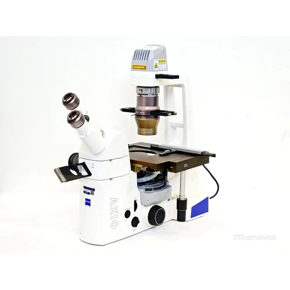 Zeiss AX10 inverted microscope stand showing objective turret with no objectives fitted