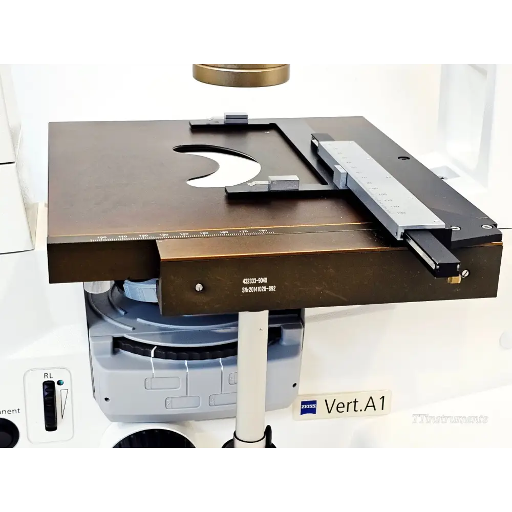 Zeiss AX10 inverted microscope stage and specimen area close-up
