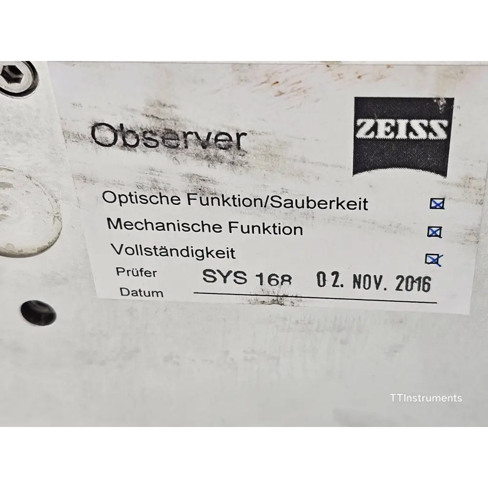 ZEISS Observer factory inspection label confirming optical function, mechanical function and completeness passed, dated 02 Nov 2016