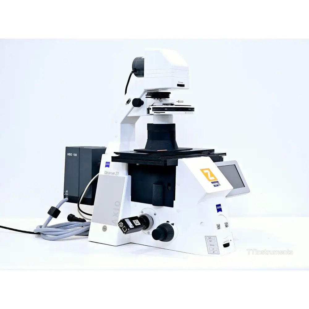 ZEISS Axio Observer Z1 front-right view showing Observer.Z1 nameplate, TFT touchscreen, HBO 100 lamp and Basler GigE camera