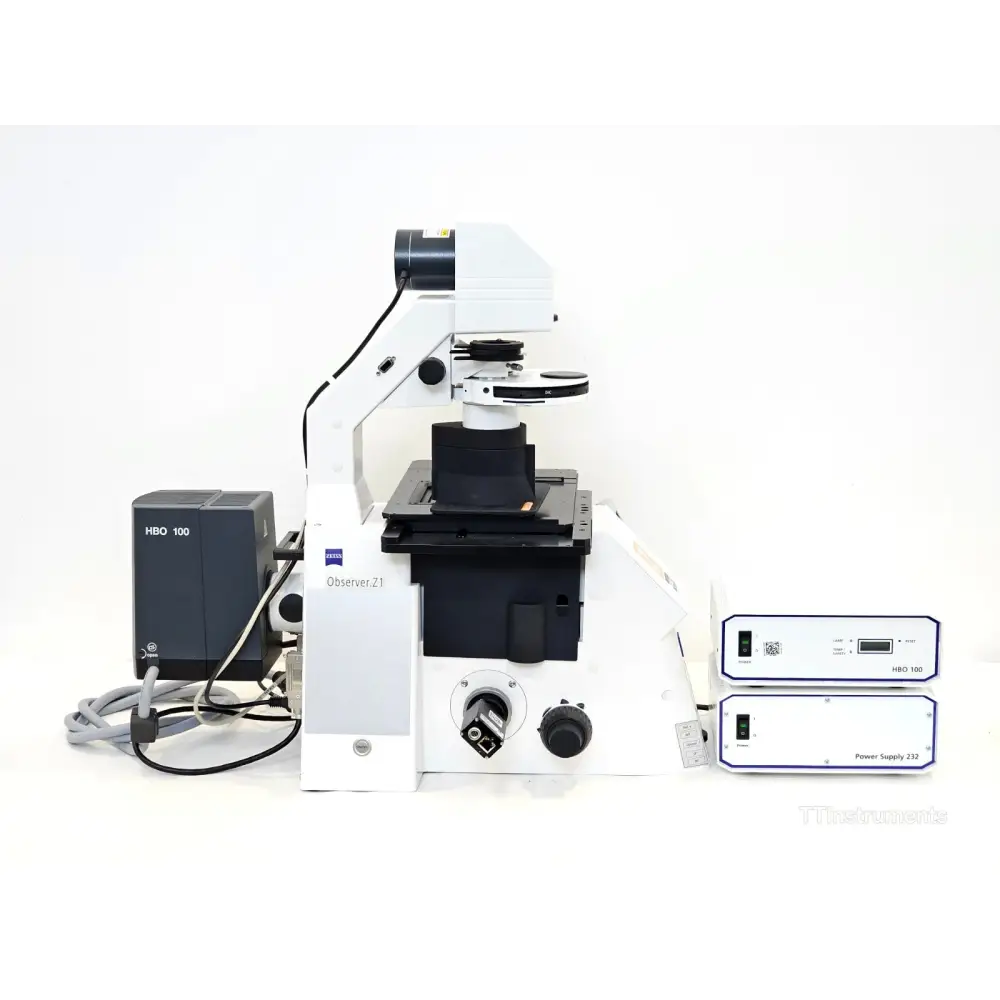 ZEISS Axio Observer Z1 rear left view showing Observer.Z1 branding, HBO 100 lamp housing, HBO 100 and Power Supply 232 units