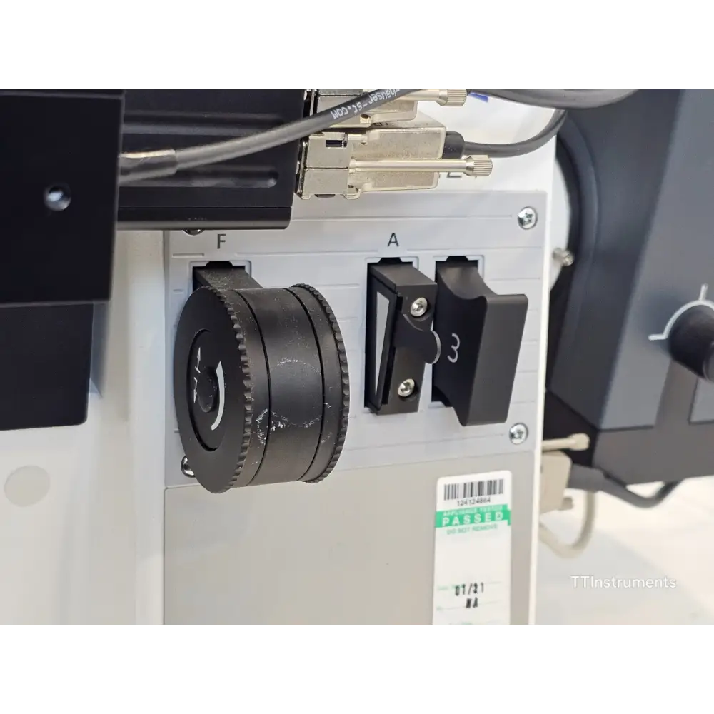 ZEISS Axio Observer Z1 close-up of filter turret port area showing F and A aperture sliders and PASSED QC sticker dated 01/21