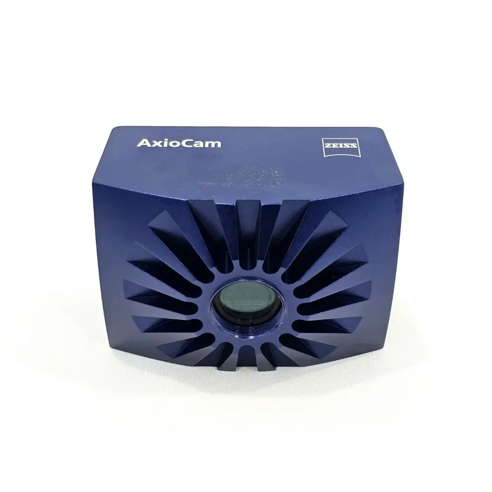 Zeiss AxioCam HRc 412-312 front view showing C-mount lens port and radial heat-sink fins, ZEISS branding on top