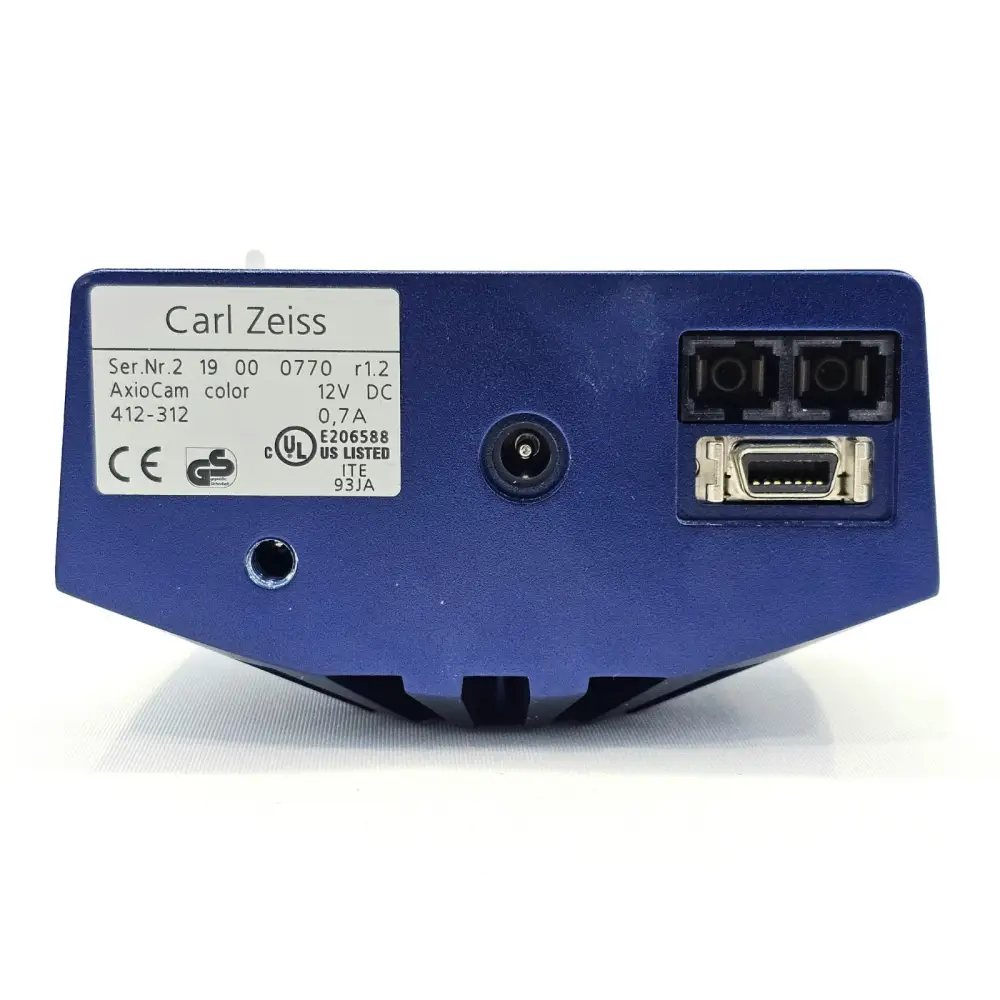 Zeiss AxioCam HRc 412-312 rear panel with Carl Zeiss serial number label, DC power socket, fibre-optic port and serial connector