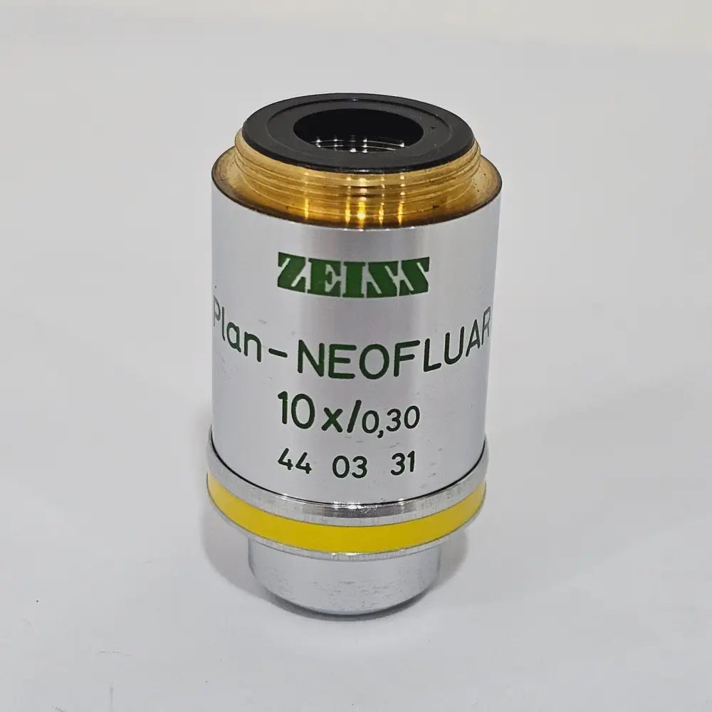ZEISS Plan-NEOFLUAR 10x/0.30 Ph 1 objective lens 44 03 31 front view showing label and yellow band