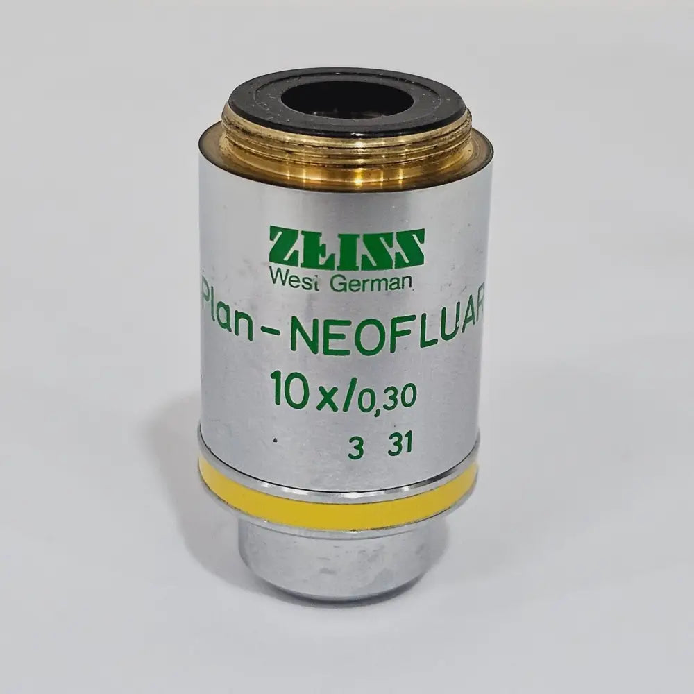 Zeiss Plan-NEOFLUAR 10x/0.30 objective front view showing green label, yellow band and part number 3 31